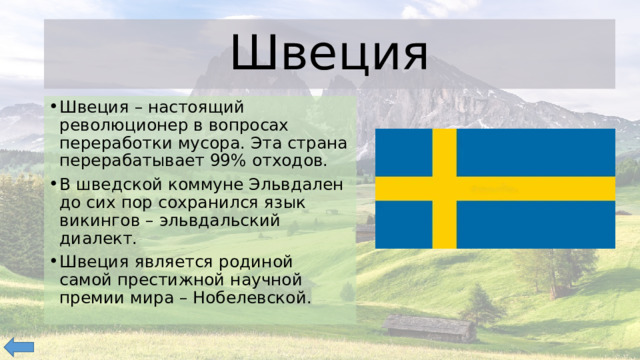 Швеция Швеция – настоящий революционер в вопросах переработки мусора. Эта страна перерабатывает 99% отходов. В шведской коммуне Эльвдален до сих пор сохранился язык викингов – эльвдальский диалект. Швеция является родиной самой престижной научной премии мира – Нобелевской.  