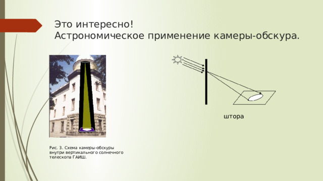 Это интересно!  Астрономическое применение камеры-обскура.   штора Рис. 3. Схема камеры-обскуры внутри вертикального солнечного телескопа ГАИШ. 