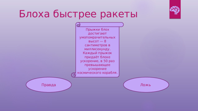 Блоха быстрее ракеты Прыжки блох достигают умопомрачительных высот — 8 сантиметров в миллисекунду. Каждый прыжок придаёт блохе ускорение, в 50 раз превышающее ускорение космического корабля. Правда Ложь 