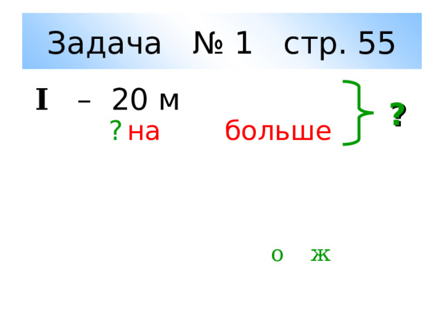 Задача № 1 стр. 55 I  – 20 м ? I I  – ?  на 8 м больше  1) 20+ 8=28(м) – I  I девочка  2) 20+28=48(м) – I и  I  I девочки  Ответ: 48 м длина д о ро ж ки.  