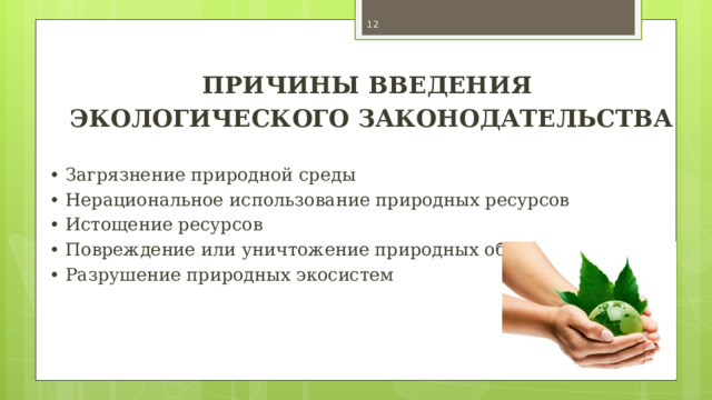  ПРИЧИНЫ ВВЕДЕНИЯ ЭКОЛОГИЧЕСКОГО ЗАКОНОДАТЕЛЬСТВА   • Загрязнение природной среды • Нерациональное использование природных ресурсов • Истощение ресурсов • Повреждение или уничтожение природных объектов • Разрушение природных экосистем 