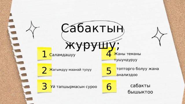 Сабактын журушу; 4 1 Жаны теманы тушундуруу Саламдашуу 2 5 топторго болуу жана анализдоо Жагымдуу маанай тузуу 3 6 сабакты бышыктоо  Уй тапшырмасын суроо 