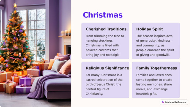 Christmas Holiday Spirit Cherished Traditions The season inspires acts of generosity, kindness, and community, as people embrace the spirit of giving and goodwill. From trimming the tree to hanging stockings, Christmas is filled with beloved customs that bring joy and nostalgia. Religious Significance Family Togetherness For many, Christmas is a sacred celebration of the birth of Jesus Christ, the central figure of Christianity. Families and loved ones come together to create lasting memories, share meals, and exchange heartfelt gifts.  