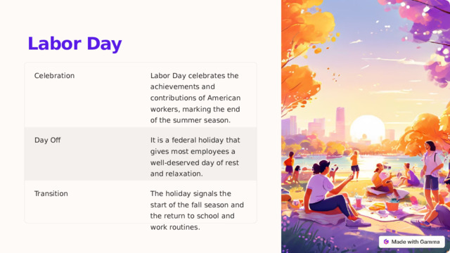 Labor Day Celebration Labor Day celebrates the achievements and contributions of American workers, marking the end of the summer season. Day Off It is a federal holiday that gives most employees a well-deserved day of rest and relaxation. Transition The holiday signals the start of the fall season and the return to school and work routines.  