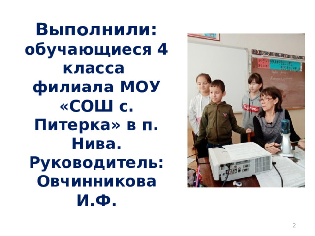 Выполнили:  обучающиеся 4 класса  филиала МОУ «СОШ с. Питерка» в п. Нива.  Руководитель: Овчинникова И.Ф.  
