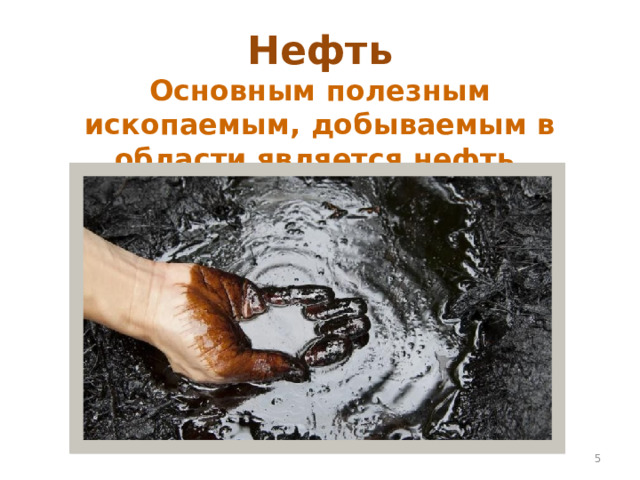 Нефть  Основным полезным ископаемым, добываемым в области является нефть.  