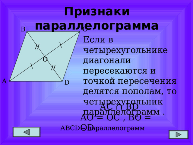 Признаки параллелограмма В С Если в четырехугольнике диагонали пересекаются и точкой пересечения делятся пополам,  то четырехугольник параллелограмм . \ // О \ // А D АС ∩  В D АО = ОС , ВО = О D . АВС D – параллелограмм 