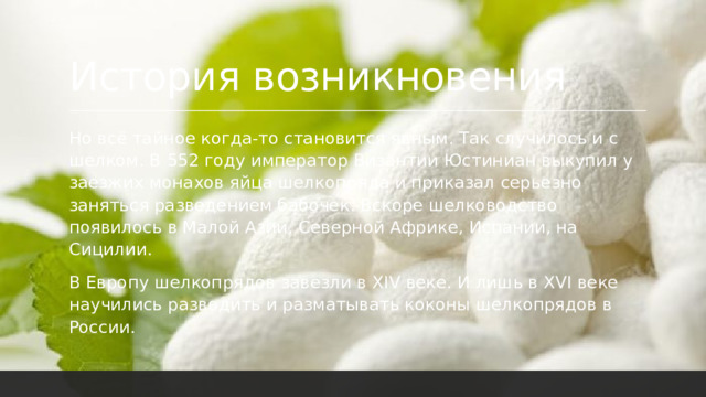 История возникновения Но всё тайное когда-то становится явным. Так случилось и с шелком. В 552 году император Византии Юстиниан выкупил у заезжих монахов яйца шелкопряда и приказал серьезно заняться разведением бабочек. Вскоре шелководство появилось в Малой Азии, Северной Африке, Испании, на Сицилии. В Европу шелкопрядов завезли в XIV веке. И лишь в XVI веке научились разводить и разматывать коконы шелкопрядов в России. 