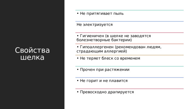 Свойства шелка • Не притягивает пыль Не электризуется • Гигиеничен (в шелке не заводятся болезнетворные бактерии) • Гипоаллергенен (рекомендован людям, страдающим аллергией) • Не теряет блеск со временем • Прочен при растяжении • Не горит и не плавится • Превосходно драпируется 