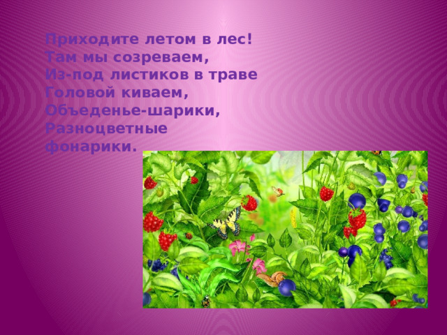 Приходите летом в лес! Там мы созреваем, Из-под листиков в траве Головой киваем, Объеденье-шарики, Разноцветные фонарики. 