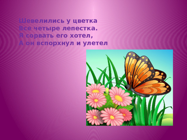Шевелились у цветка Все четыре лепестка. Я сорвать его хотел, А он вспорхнул и улетел 