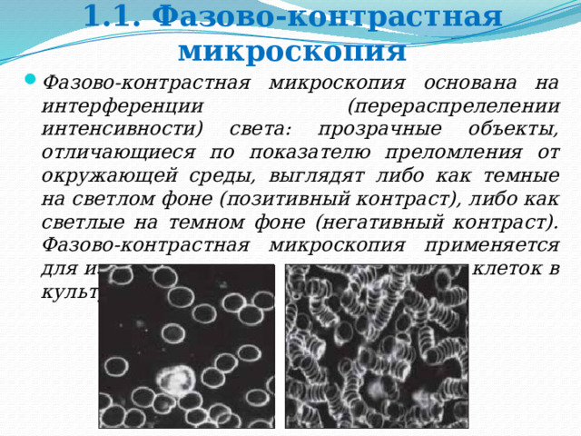 1.1. Фазово-контрастная микроскопия Фазово-контрастная микроскопия основана на интерференции (перераспрелелении интенсивности) света: прозрачные объекты, отличающиеся по показателю преломления от окружающей среды, выглядят либо как темные на светлом фоне (позитивный контраст), либо как светлые на темном фоне (негативный контраст). Фазово-контрастная микроскопия применяется для изучения живых микроорганизмов и клеток в культуре ткани.  