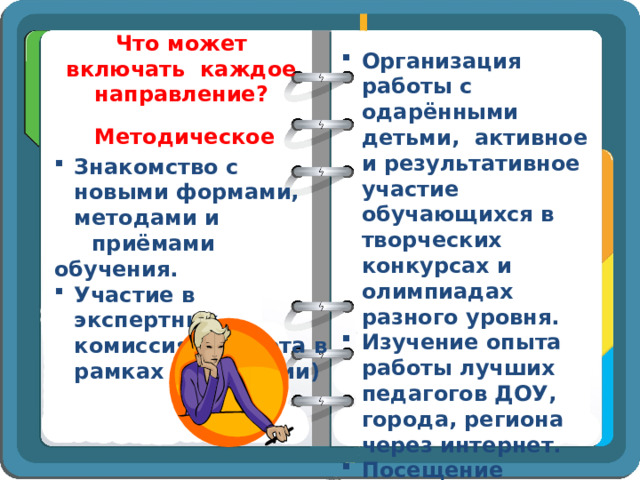Что может включать каждое направление? Организация работы с одарёнными детьми, активное и результативное участие обучающихся в творческих конкурсах и олимпиадах разного уровня. Изучение опыта работы лучших педагогов ДОУ, города, региона через интернет. Посещение занятий коллег и участие в обмене опытом Методическое  Знакомство с новыми формами, методами и  приёмами обучения. Участие в экспертных комиссиях (работа в рамках аттестации) 