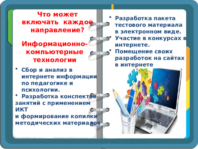 Что может включать каждое направление? Разработка пакета тестового материала в электронном виде. Участие в конкурсах в интернете. Помещение своих разработок на сайтах в интернете Информационно-компьютерные технологии Сбор и анализ в интернете информации по педагогике и психологии. Разработка конспектов занятий с применением ИКТ и формирование копилки методических материалов 