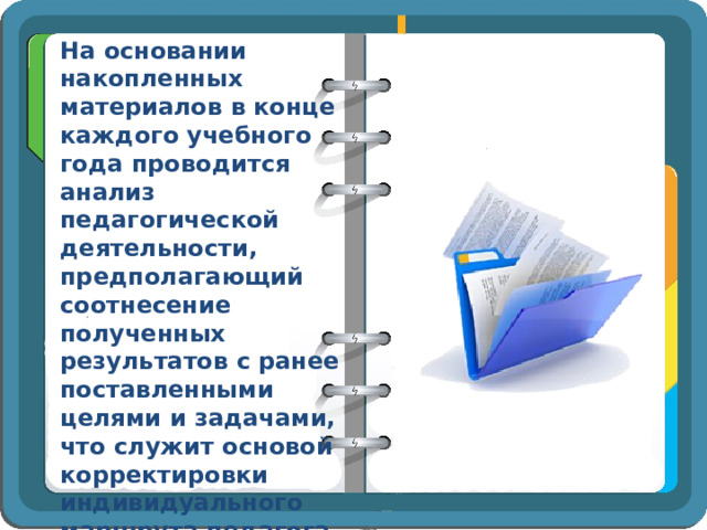На основании накопленных материалов в конце каждого учебного года проводится анализ педагогической деятельности, предполагающий соотнесение полученных результатов с ранее поставленными целями и задачами, что служит основой корректировки индивидуального маршрута педагога на следующий период 
