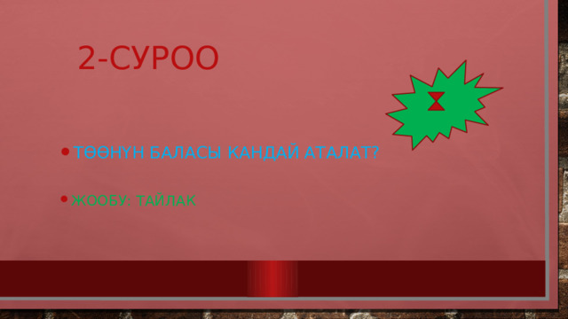  2-СУРОО Төөнүн баласы кандай аталат? Төөнүн баласы кандай аталат? Жообу: тайлак Жообу: тайлак 