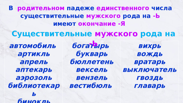В родительном падеже единственного числа  существительные мужского рода на -Ь  имеют окончание  -Я   Существительные мужского рода на -Ь автомобиль  артикль  апрель  аптекарь  аэрозоль  библиотекарь  бинокль богатырь  букварь  бюллетень  вексель  вензель  вестибюль   вихрь  вождь вратарь  выключатель  гвоздь  главарь 