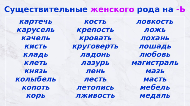Существительные женского рода на -Ь картечь  карусель  качель  кисть  кладь клеть  князь  колыбель кость  крепость  кровать  круговерть  ладонь  лазурь копоть  корь   лень  лесть  летопись  лживость ловкость  ложь  лохань  лошадь  любовь  магистраль  мазь  масть  мебель  медаль   