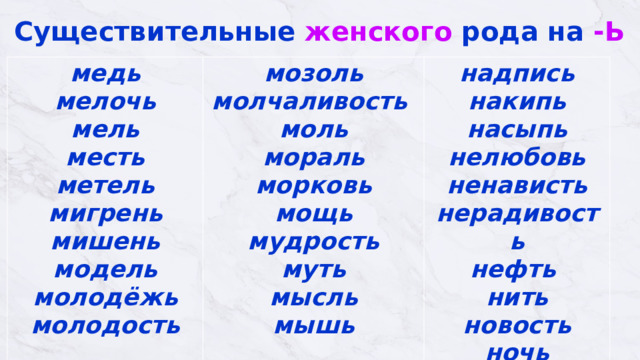 Существительные женского рода на -Ь медь мелочь  мель  месть  метель мозоль  молчаливость  моль  мораль  морковь  мощь мигрень мудрость  муть надпись  накипь  насыпь  нелюбовь  ненависть  нерадивость  нефть  нить  новость  ночь   мишень  модель  молодёжь  молодость   мысль  мышь   