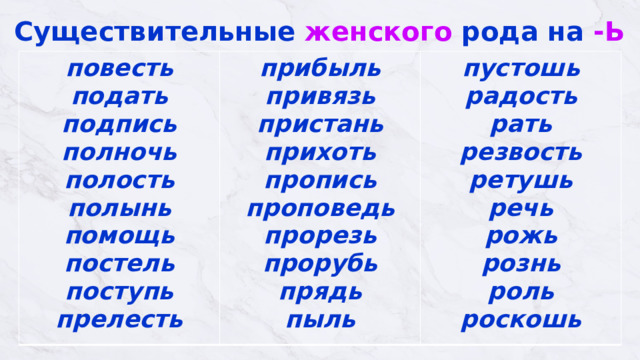 Существительные женского рода на -Ь повесть  подать  подпись  полночь  полость  полынь  помощь  постель  поступь  прелесть прибыль  привязь  пристань  прихоть  пропись  проповедь  прорезь  прорубь  прядь  пыль пустошь  радость  рать  резвость ретушь  речь  рожь рознь  роль  роскошь 