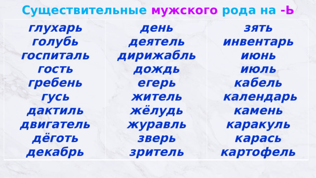 Существительные мужского рода на -Ь глухарь  голубь госпиталь  гость  гребень  гусь  дактиль  двигатель  дёготь  декабрь день деятель  дирижабль  дождь  егерь  житель зять  инвентарь жёлудь  журавль  зверь  зритель июнь  июль  кабель  календарь  камень  каракуль  карась картофель 