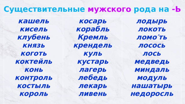 Существительные мужского рода на -Ь кашель  кисель  клубень  князь  коготь  коктейль  конь контроль  костыль косарь  корабль  Кремль  крендель  куль король кустарь лодырь  локоть  ломо′ть лагерь  лебедь  лекарь  ливень лосось  лось медведь  миндаль  модуль  нашатырь  недоросль   