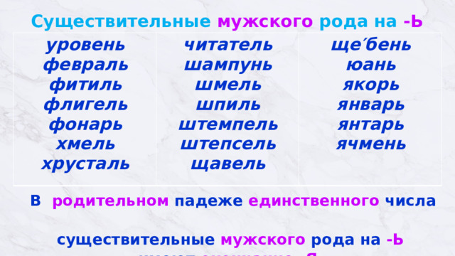 Существительные мужского рода на -Ь уровень  февраль  фитиль  флигель  фонарь  хмель  хрусталь читатель шампунь  шмель  шпиль ще′бень  юань  якорь  январь  янтарь  ячмень   штемпель  штепсель  щавель В родительном падеже единственного числа  существительные мужского рода на -Ь  имеют окончание  -Я   