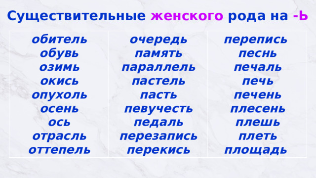 Существительные женского рода на -Ь обитель  обувь  озимь  окись  опухоль  осень  ось отрасль  оттепель очередь  память параллель  пастель  пасть  певучесть  педаль перепись  песнь  печаль  печь  печень  плесень  плешь перезапись  перекись плеть  площадь 