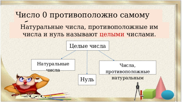 Число 0 противоположно самому себе. Натуральные числа, противоположные им числа и нуль называют целыми числами. Целые числа Натуральные числа Числа, противоположные натуральным Нуль 