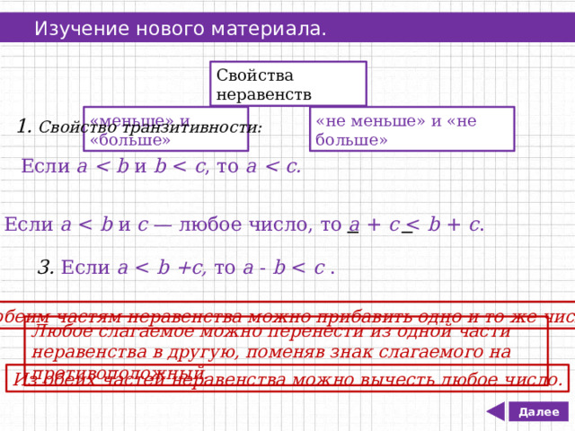   Изучение нового материала. Свойства неравенств Виды неравенств. «меньше» и «больше» «не меньше» и «не больше» 1. Свойство транзитивности: Если а  и b с , то а  2. Если а b и с — любое число, то а + с b + с . 3. Если а b +c, то а - b c . К обеим частям неравенства можно прибавить одно и то же число. Любое слагаемое можно перенести из одной части неравенства в другую, поменяв знак слагаемого на противоположный. Из обеих частей неравенства можно вычесть любое число. Далее 