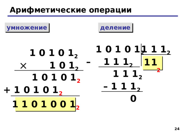 Арифметические операции умножение деление 1 1 1 2  1 0 1 0 1 2 – 1 1 1 2  1 0 1 0 1 2   1 0 1 2 1 1 2  1 1 1 2 – 1 1 1 2  1 0 1 0 1 2 + 1 0 1 0 1 2 0 1 1 0 1 0 0 1 2  24 