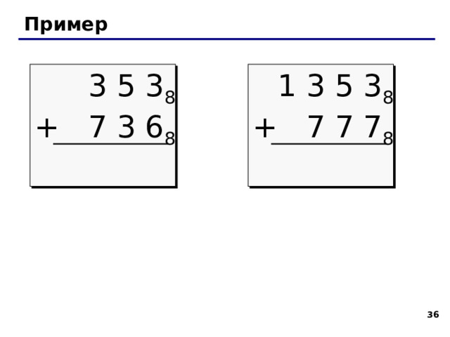 Арифметические операции сложение 1 в перенос    1 5 6 8 + 6 6 2 8 6 + 2 = 8 = 8 + 0 1 в перенос 5 + 6 + 1 = 12 = 8 + 4 1 + 6 + 1 = 8 = 8 + 0 1 0 8 0 4 1 в перенос 31 31 