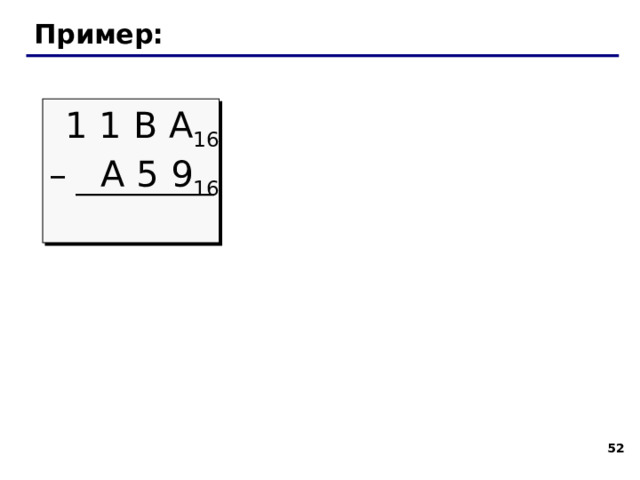 Арифметические операции заем вычитание   С 5 B 16 – A 7 E 16 12  5 11 – 10 7 14  1 D D 16 13 13 1 заем (11+ 16 ) – 14= 13 =D 16 (5 –  1 )+ 16  – 7= 13 =D 16 (12 – 1 ) – 10 = 1 43 43 