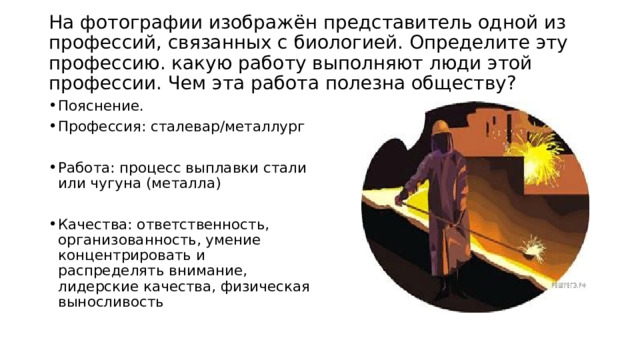  На фотографии изображён представитель одной из профессий, связанных с биологией. Определите эту профессию. какую работу выполняют люди этой профессии. Чем эта работа полезна обществу?   Пояснение. Профессия: сталевар/металлург Работа: процесс выплавки стали или чугуна (металла) Качества: ответственность, организованность, умение концентрировать и распределять внимание, лидерские качества, физическая выносливость 