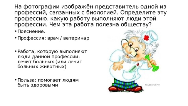 На фотографии изображён представитель одной из профессий, связанных с биологией. Определите эту профессию. какую работу выполняют люди этой профессии. Чем эта работа полезна обществу?   Пояснение. Профессия: врач / ветеринар Работа, которую выполняют люди данной профессии: лечит больных (или лечит больных животных) Польза: помогает людям быть здоровыми 