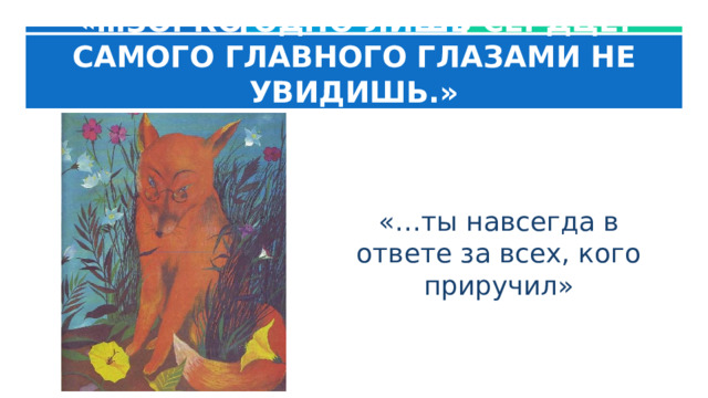 «…ЗОРКО ОДНО ЛИШЬ СЕРДЦЕ. САМОГО ГЛАВНОГО ГЛАЗАМИ НЕ УВИДИШЬ.» «…ты навсегда в ответе за всех, кого приручил» 