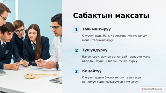 Сабактын максаты Тааныштыруу 1 Окуучуларды балык сөөктөрүнүн түзүлүшү менен тааныштыруу. Түшүндүрүү 2 Балык сөөктөрүнүн ар кандай түрлөрүн жана алардын функцияларын түшүндүрүү. Кеңейтүү 3 Окуучулардын биологиялык түшүнүгүн кеңейтүү жана кызыгуусун арттыруу.  