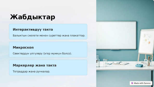 Жабдыктар Интерактивдүү такта Балыктын скелети менен сүрөттөр жана плакаттар. Микроскоп Сөөктөрдүн үлгүлөрү (эгер мүмкүн болсо). Маркерлер жана такта Тетраддар жана ручкалар.  