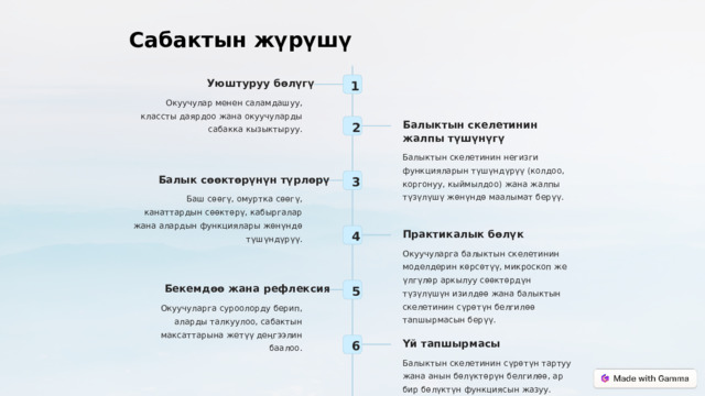 Сабактын жүрүшү Уюштуруу бөлүгү 1 Окуучулар менен саламдашуу, классты даярдоо жана окуучуларды сабакка кызыктыруу. Балыктын скелетинин жалпы түшүнүгү 2 Балыктын скелетинин негизги функцияларын түшүндүрүү (колдоо, коргонуу, кыймылдоо) жана жалпы түзүлүшү жөнүндө маалымат берүү. Балык сөөктөрүнүн түрлөрү 3 Баш сөөгү, омуртка сөөгү, канаттардын сөөктөрү, кабыргалар жана алардын функциялары жөнүндө түшүндүрүү. Практикалык бөлүк 4 Окуучуларга балыктын скелетинин моделдерин көрсөтүү, микроскоп же үлгүлөр аркылуу сөөктөрдүн түзүлүшүн изилдөө жана балыктын скелетинин сүрөтүн белгилөө тапшырмасын берүү. Бекемдөө жана рефлексия 5 Окуучуларга суроолорду берип, аларды талкуулоо, сабактын максаттарына жетүү деңгээлин баалоо. Үй тапшырмасы 6 Балыктын скелетинин сүрөтүн тартуу жана анын бөлүктөрүн белгилөө, ар бир бөлүктүн функциясын жазуу.  