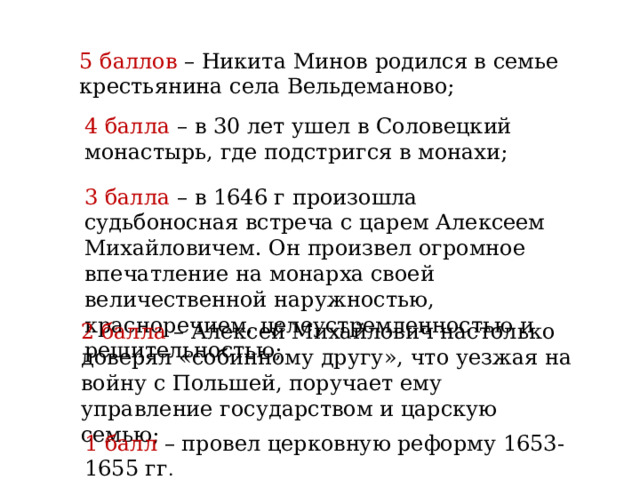 5 баллов – Никита Минов родился в семье крестьянина села Вельдеманово; 4 балла – в 30 лет ушел в Соловецкий монастырь, где подстригся в монахи; 3 балла – в 1646 г произошла судьбоносная встреча с царем Алексеем Михайловичем. Он произвел огромное впечатление на монарха своей величественной наружностью, красноречием, целеустремленностью и решительностью; 2 балла – Алексей Михайлович настолько доверял «собинному другу», что уезжая на войну с Польшей, поручает ему управление государством и царскую семью; 1 балл – провел церковную реформу 1653-1655 гг . 