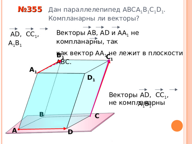  № 355 Дан параллелепипед АВС A 1 B 1 C 1 D 1 .  Компланарны ли векторы? Векторы АВ, А D и АА 1 не компланарны, так как вектор АА 1 не лежит в плоскости АВС.  А D , CC 1 , А 1 B 1 В 1 С 1 А 1 D 1  А D , CC 1 , А 1 B 1 Векторы не компланарны «Геометрия 10-11» Л.С. Атанасян и др. В С А D 11 