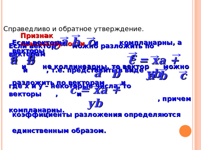 Справедливо и обратное утверждение. Признак компланарности a c b c Если векторы , и компланарны, а векторы   и не коллинеарны, то вектор можно  разложить по векторам и   , причем  коэффициенты разложения определяются  единственным образом. Если вектор можно разложить по векторам   и , т.е. представить в виде  где x и y – некоторые числа, то векторы , и  компланарны. a b c c = xa + yb a b a b c b a c = xa + yb «Геометрия 10-11» Л.С. Атанасян и др. 14 