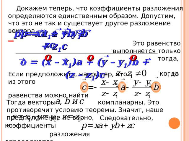 Докажем теперь, что коэффициенты разложения определяются единственным образом. Допустим, что это не так и существует другое разложение вектора p = xa + yb + zc p = x 1 a + y 1 b + z 1 c – Это равенство выполняется только тогда,  когда o o o o = ( x –  x 1 )a + (y – y 1 )b + (z – z 1 )c Если предположить, например, что , то из этого равенства можно найти «Геометрия 10-11» Л.С. Атанасян и др. Тогда векторы компланарны. Это противоречит условию теоремы. Значит, наше предположение не верно, и  Следовательно, коэффициенты  разложения определяются  единственным образом. 26 