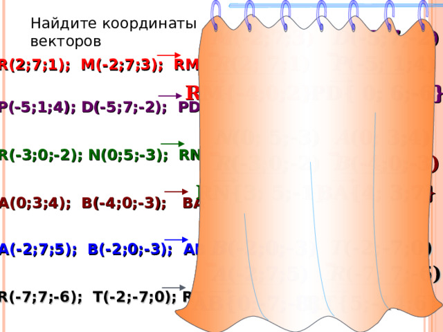 Найдите координаты векторов M ( -2;7;3) D ( -5;7;-2) – – P ( -5; 1;4) R ( 2; 7;1) R (2 ; 7 ;1) ; M(-2;7;3); RM RM{-4;0;2} PD{ 0; 6;-6} P ( -5;1;4) ; D(-5;7;-2); PD A ( 0; 3;4) N ( 0; 5;-3) – – R ( -3;0;-2) ; N(0;5;-3); RN R ( -3;0;-2) B ( -4;0;-3) RN{3; 5;-1} BA{4; 3;7} A ( 0;3;4) ; B(-4;0;-3); BA . B ( -2;0;-3) T ( -2;-7;0) A ( - 2 ; 7 ;5) ; B(-2;0;-3); AB – – A ( -2;7;5) R ( -7; 7;-6) R ( -7; 7 ;-6) ; T(-2;-7;0); RT AB{0;-7;-8} RT{5;-14;6} 14 