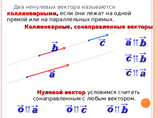  Два ненулевых вектора называются коллинеарными, если они лежат на одной прямой или на параллельных прямых. Коллинеарные, сонаправленные векторы a c b b c b c a a  Нулевой вектор условимся считать сонаправленным с любым вектором. o o o a c b 4 