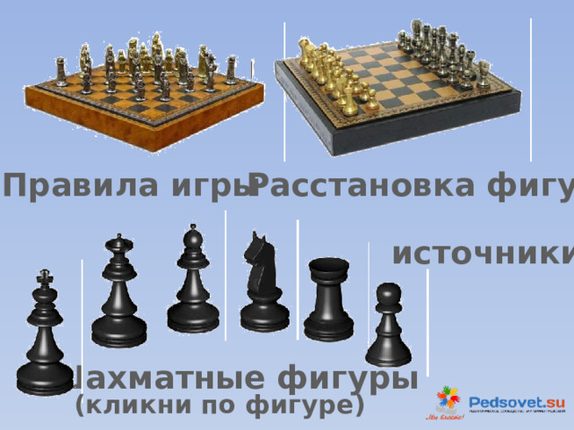 Расстановка фигур Правила игры источники Шахматные фигуры (кликни по фигуре)  