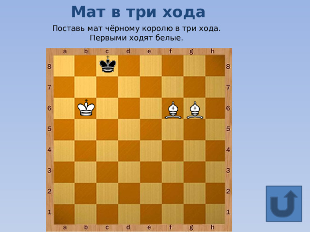 Мат в три хода Поставь мат чёрному королю в три хода. Первыми ходят белые. 
