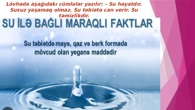 Lövhədə aşağıdakı cümlələr yazılır: – Su həyatdır. Susuz yaşamaq olmaz. Su təbiətə can verir. Su təmizlikdir.  Sual: – Bu fikirləri necə başa düşürsünüz? 