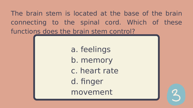 The brain stem is located at the base of the brain connecting to the spinal cord. Which of these functions does the brain stem control? a. feelings b. memory c. heart rate d. finger movement 