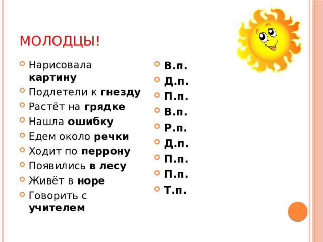 Молодцы! Нарисовала картину Подлетели к гнезду Растёт на грядке Нашла ошибку  Едем около речки Ходит по перрону Появились в лесу Живёт в норе Говорить с учителем В.п. Д.п. П.п. В.п. Р.п. Д.п. П.п. П.п. Т.п. 
